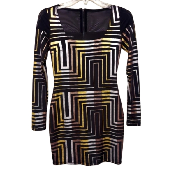 bebe Addiction Black Silver Gold Mesh Bodycon Dress Size XS RARE! - Picture 1 of 9